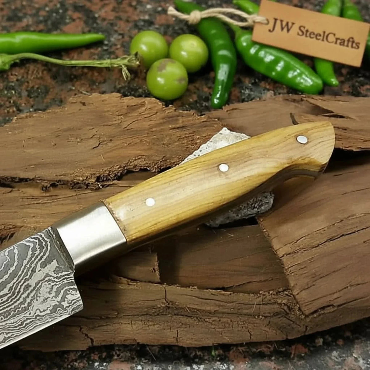 Full Tang Japanese Design Gyuto Knife – Handmade Damascus Chef Knife with Grey Wood Handle detail view by JW SteelCrafts