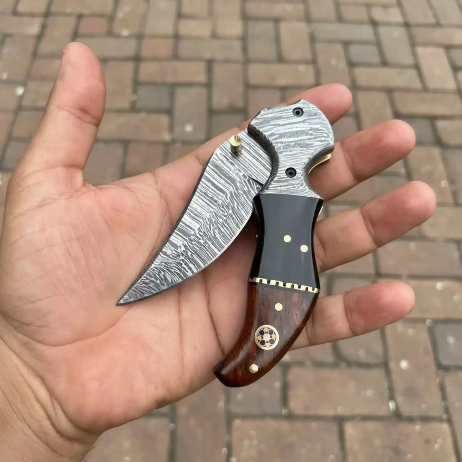 Damascus Recurve Folding Pocket Knife — Liner Lock, Black Resin & Wood Handle, Brass Spacer & Pocket Clip by JW SteelCrafts, Damascus knife detail photo 2