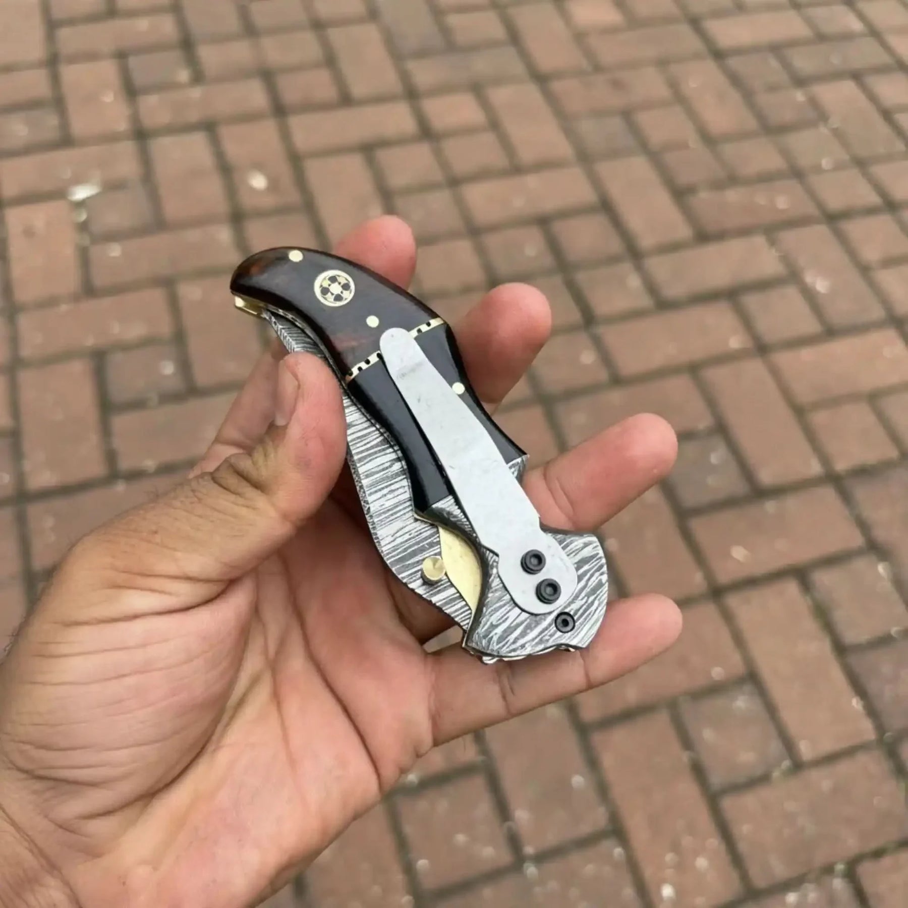 Damascus Recurve Folding Pocket Knife — Liner Lock, Black Resin & Wood Handle, Brass Spacer & Pocket Clip by JW SteelCrafts, Damascus knife detail photo 3