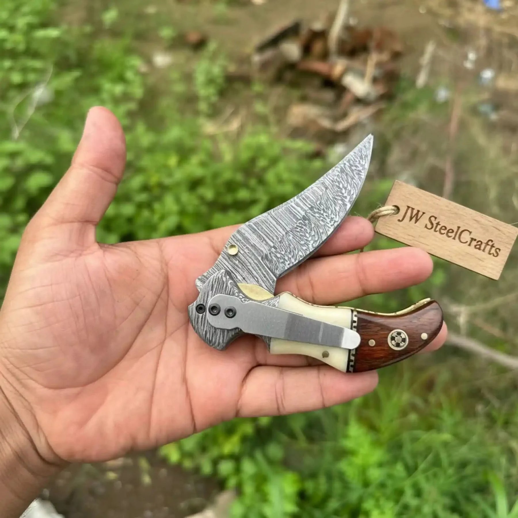 2-Piece Damascus Hawkbill Folding Pocket Knives — Liner Lock, Rosewood Black & Cream Resin Handles, Brass Bolsters by JW SteelCrafts, Southern handmade gift detail photo 4