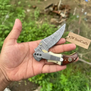 2-Piece Damascus Hawkbill Folding Pocket Knives — Liner Lock, Rosewood Black & Cream Resin Handles, Brass Bolsters by JW SteelCrafts, Southern handmade gift detail photo 4