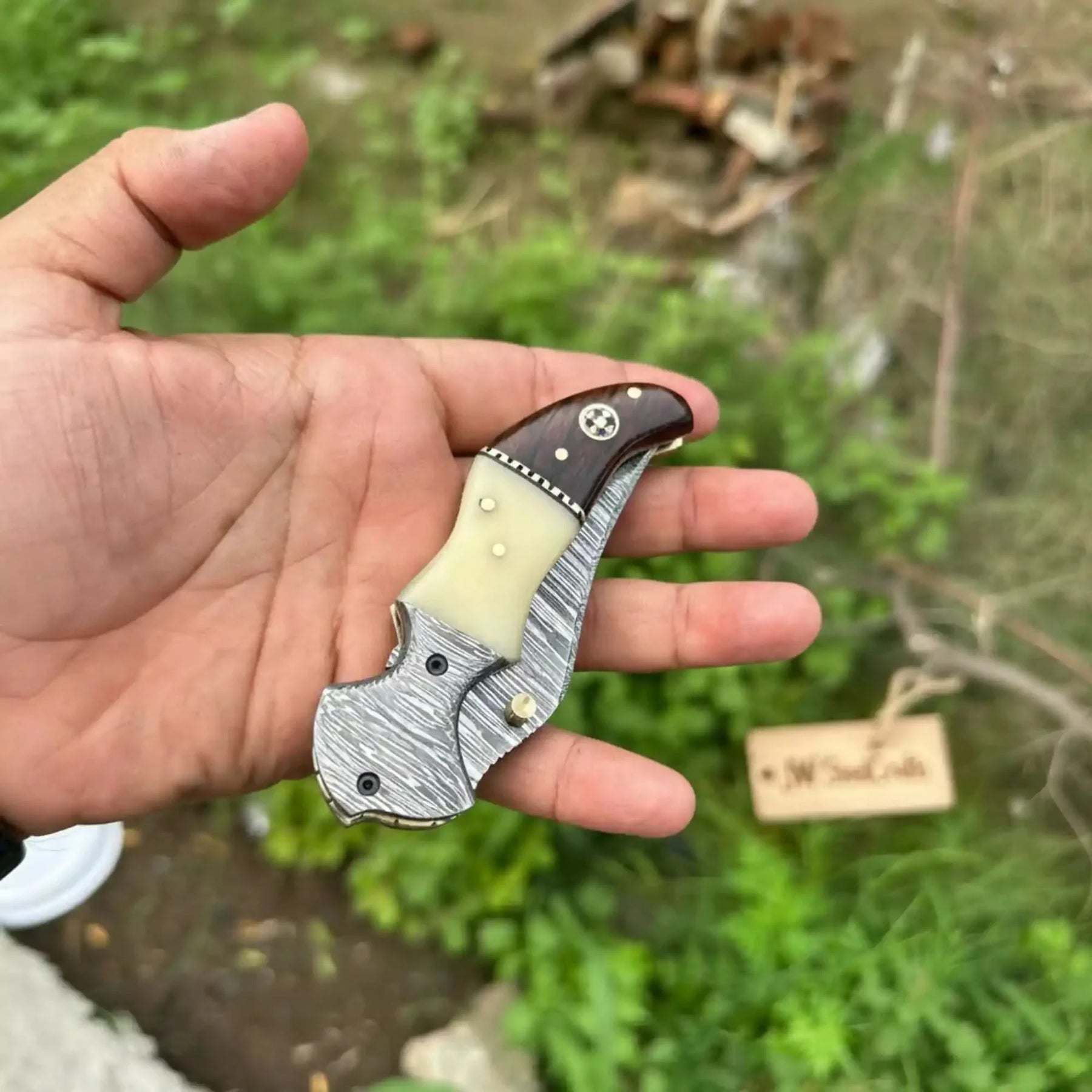 Damascus Hawkbill Folding Pruning Knife — Liner Lock, Rosewood & Bone Handle, Mosaic Pin by JW SteelCrafts, Damascus knife detail photo 4