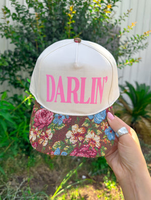 Darlin’ (pink font) Vintage Brown Floral Canvas Trucker Hat