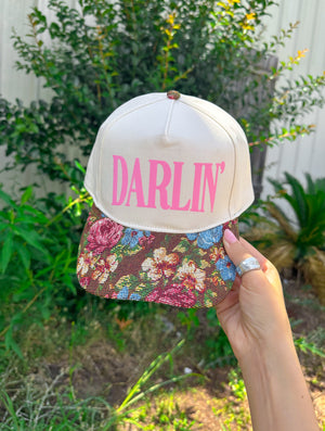 Darlin’ (pink font) Vintage Brown Floral Canvas Trucker Hat