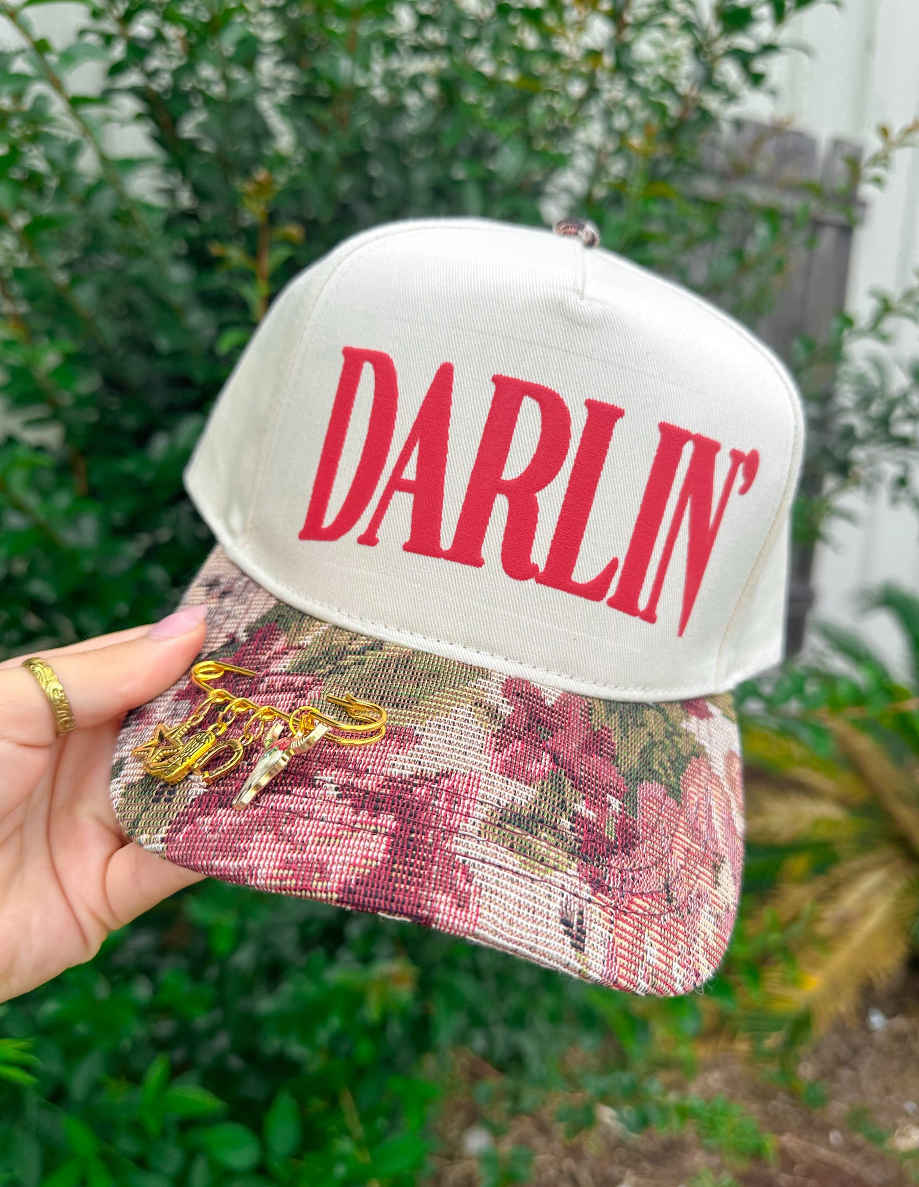Darlin’ Red Vintage Floral Canvas Trucker Hat
