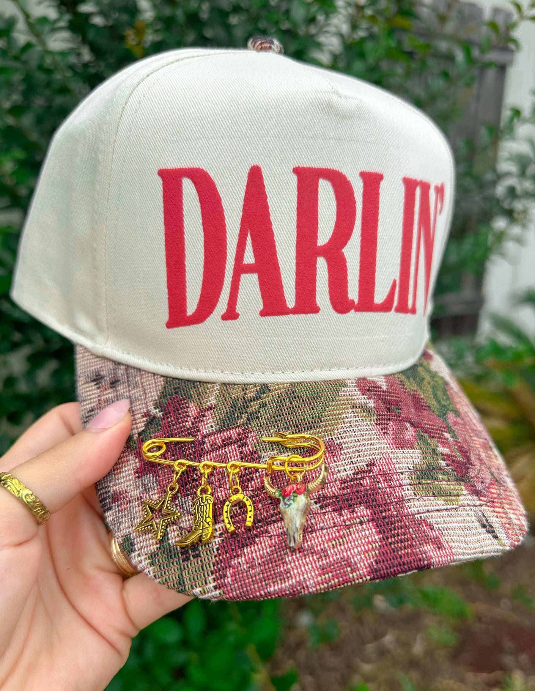Darlin’ Red Vintage Floral Canvas Trucker Hat