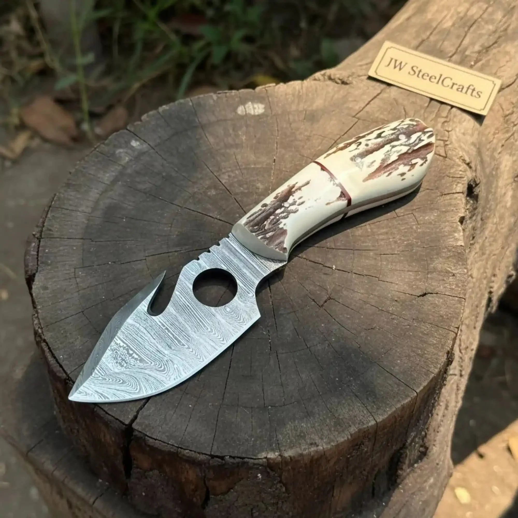 Handmade Damascus Gut Hook Skinner Hunting Knife Fixed Blade Synthetic Stag Handle with Thumb Hole by JW SteelCrafts, Damascus knife main product photo