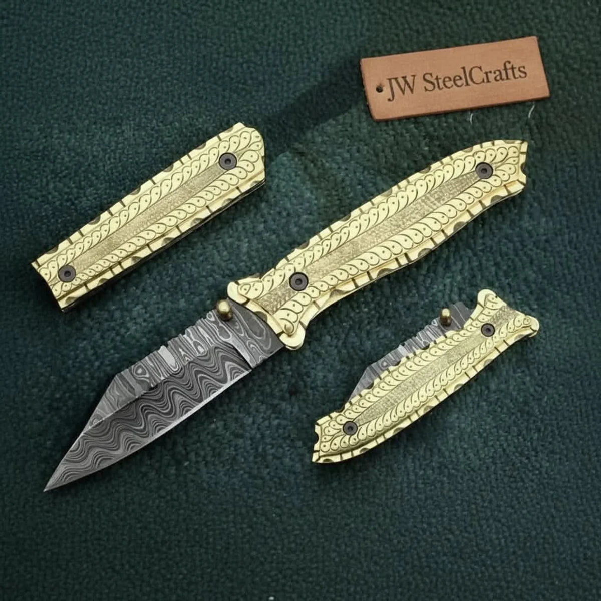 Hand-Engraved Damascus Folding Knife with Brass Handle & Leather Sheath by JW SteelCrafts