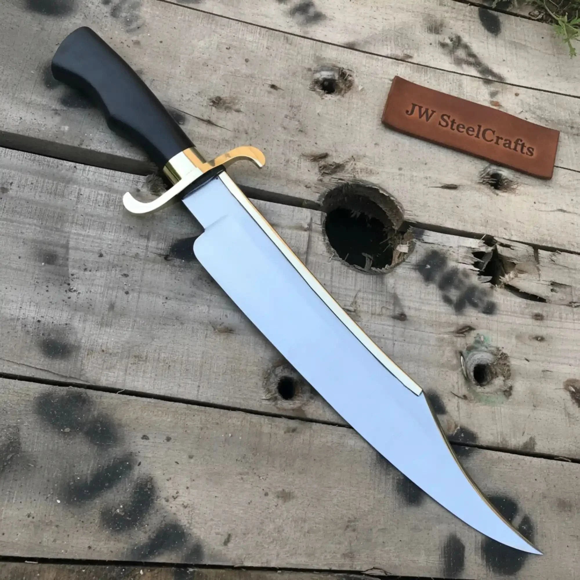 Carbon Steel 10-Inch Clip Point Bowie Knife — Black Handle, Brass S-Guard & Mirror Polished Blade by JW SteelCrafts, Damascus knife main product photo