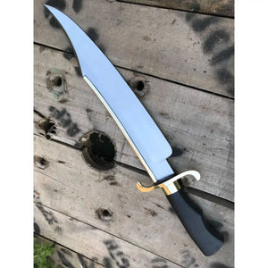 Carbon Steel 10-Inch Clip Point Bowie Knife — Black Handle, Brass S-Guard & Mirror Polished Blade by JW SteelCrafts, Damascus knife detail photo 3