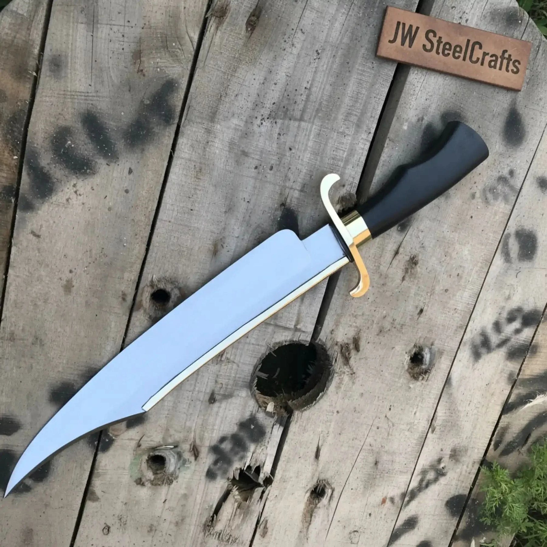 Carbon Steel 10-Inch Clip Point Bowie Knife — Black Handle, Brass S-Guard & Mirror Polished Blade by JW SteelCrafts, Damascus knife detail photo 2