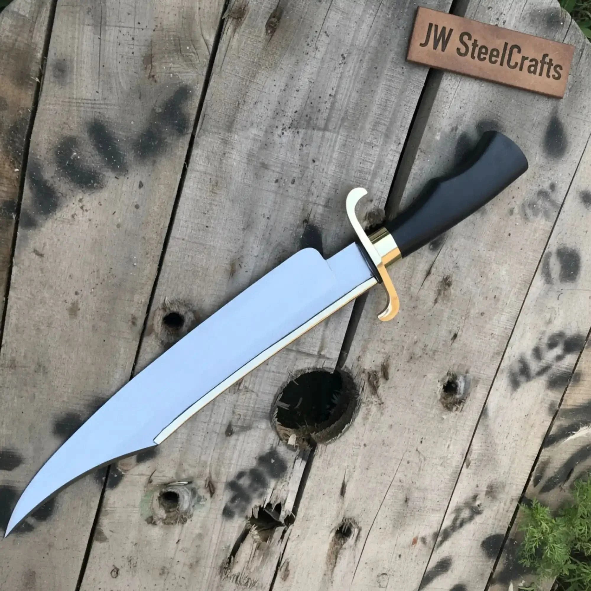 Carbon Steel 10-Inch Clip Point Bowie Knife — Black Handle, Brass S-Guard & Mirror Polished Blade by JW SteelCrafts, Damascus knife detail photo 2