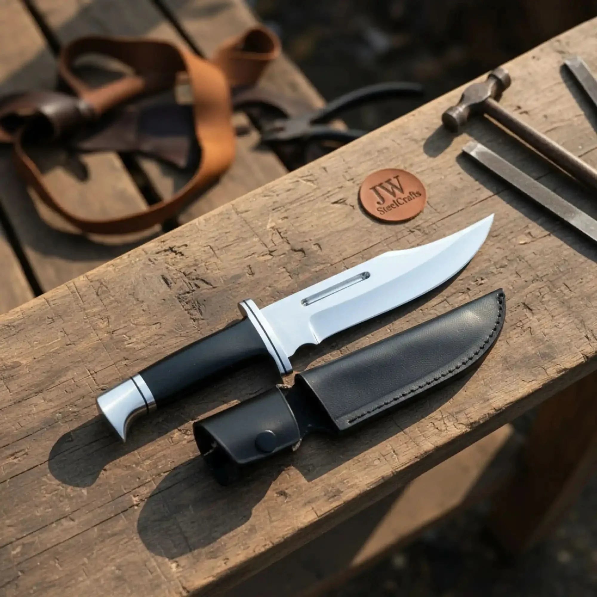 Carbon Steel Clip Point Bowie Knife — Black Resin Handle, Steel Guard, Steel Pommel & Mirror Polished Blade by JW SteelCrafts, Damascus knife main product photo
