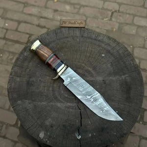 Handmade Damascus Steel Bowie Knife Stacked Leather Handle with Brass Fittings by JW SteelCrafts, Damascus knife detail photo 2