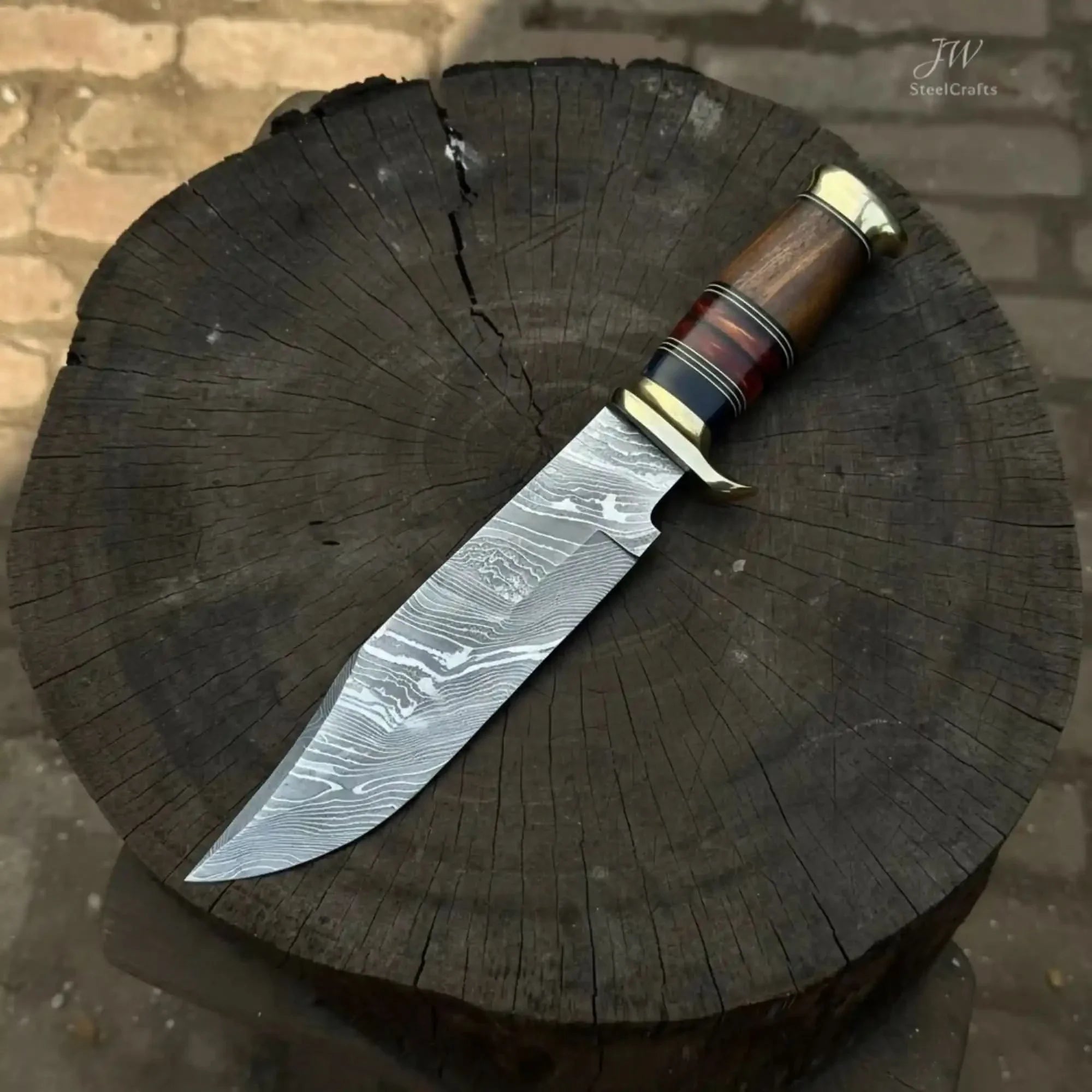 Handmade Damascus Steel Bowie Knife Stacked Leather Handle with Brass Fittings by JW SteelCrafts, Damascus knife main product photo