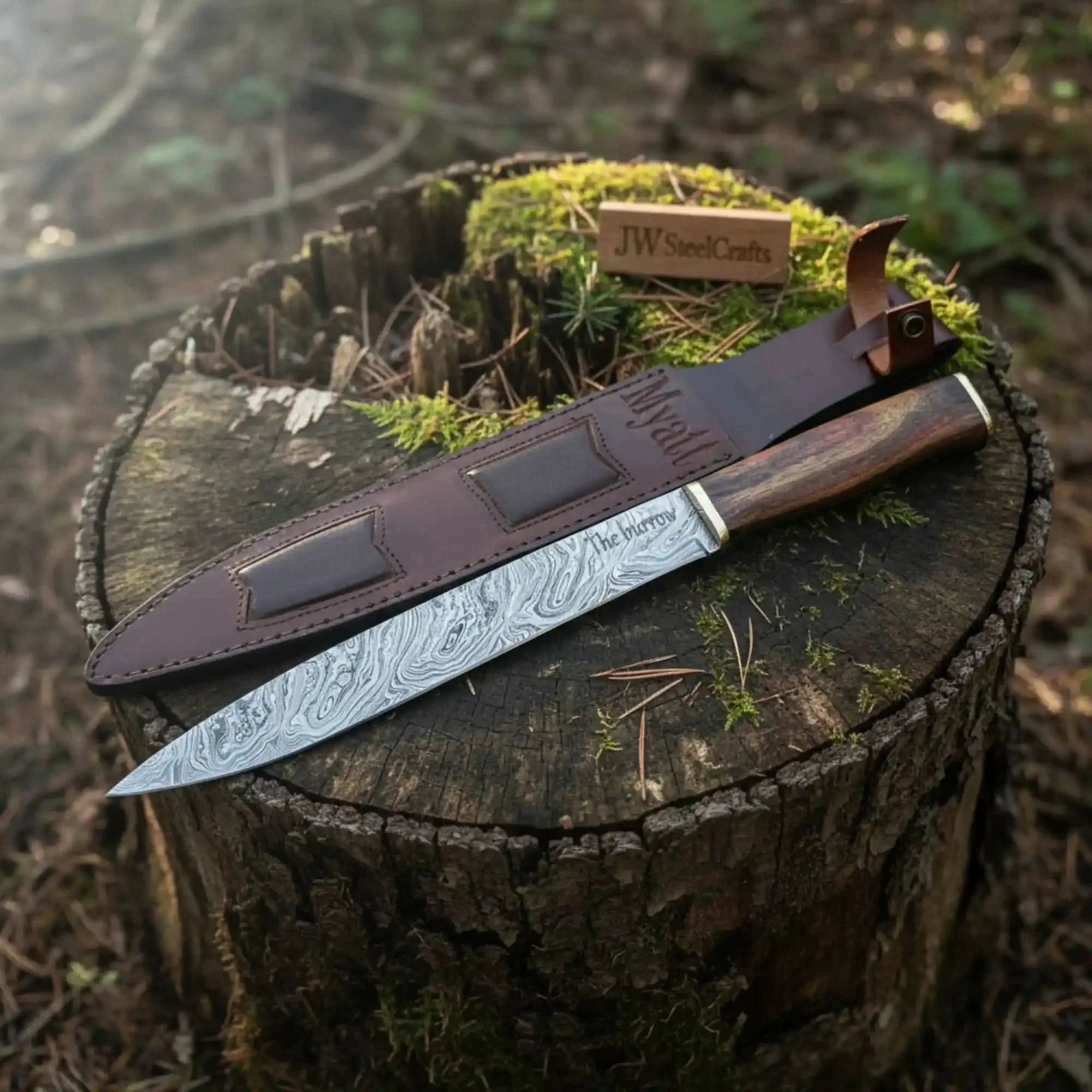 15-Inch Damascus Seax Knife — 10-Inch Wave Pattern Blade, Rosewood Handle by JW SteelCrafts, Damascus knife detail photo 2