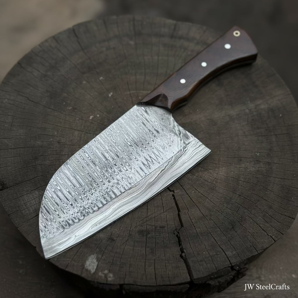 10-Inch Damascus Camp Cleaver — 5.5 Inch Blade, Tali Wood Handle, Silver Pins & Black Spacer by JW SteelCrafts, Southern handmade gift detail photo 2