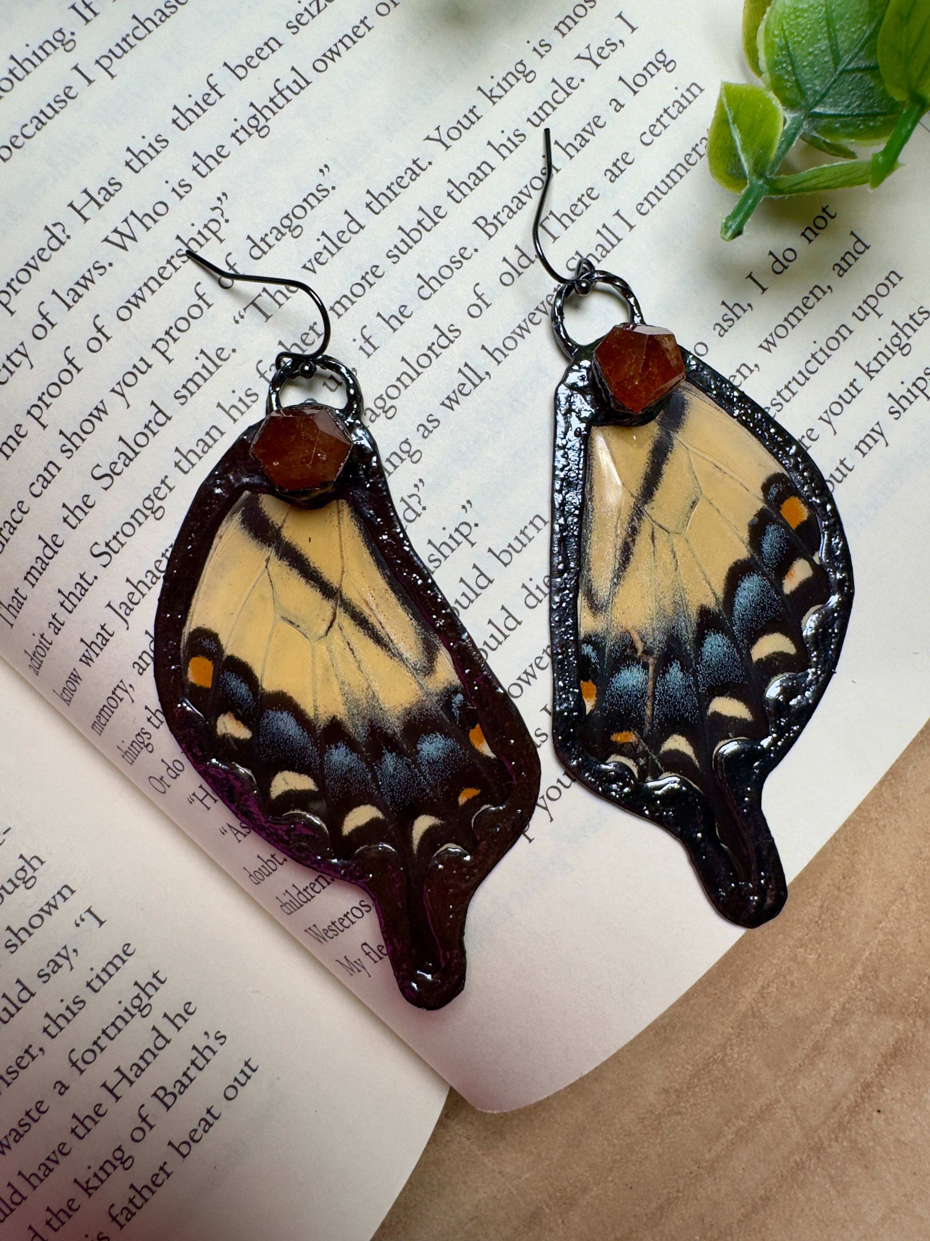 Butterfly Wing and Orange Garnet Earrings