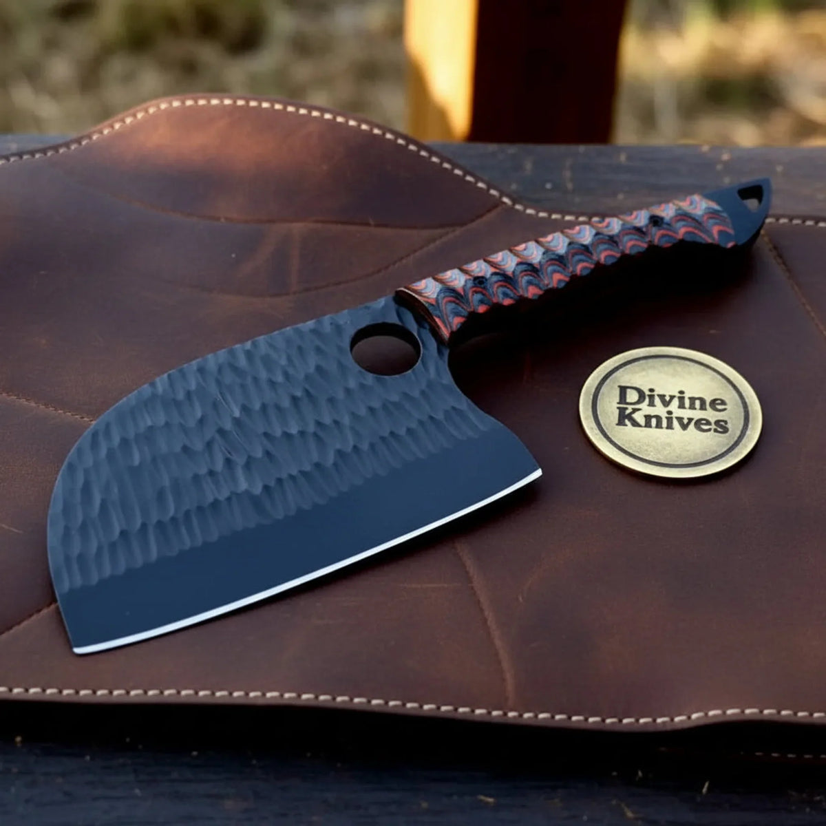 Hand-Forged Serbian Cleaver with Patterned Handle and Ring Cutout by Divine Knives