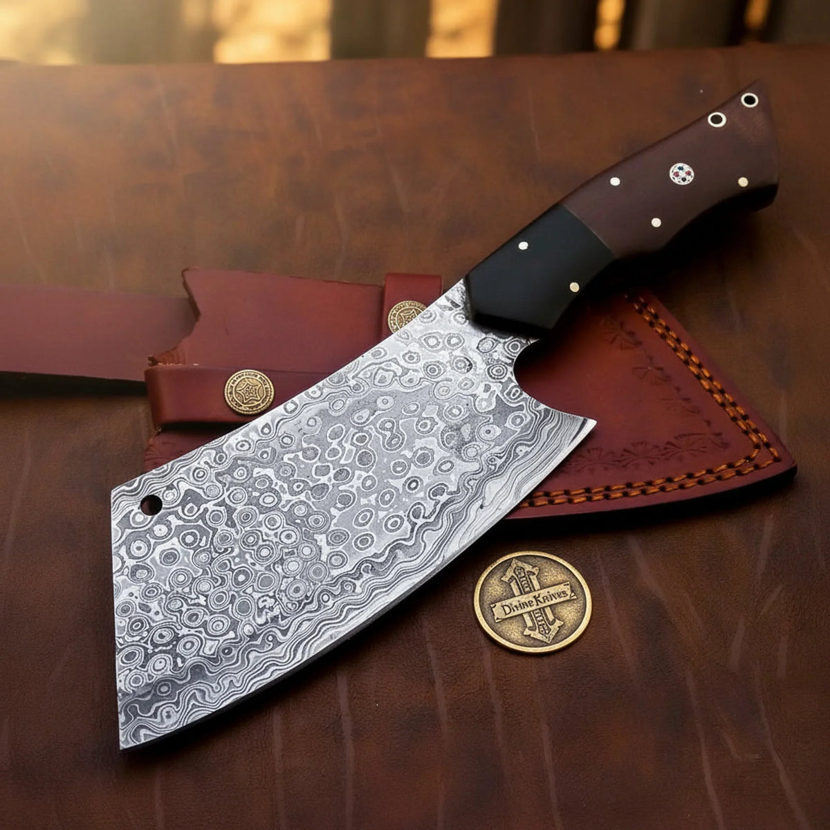 Rosewood Handle Meat Cleaver Knife with Raindrop Pattern Blade and Tooled Leather Sheath
