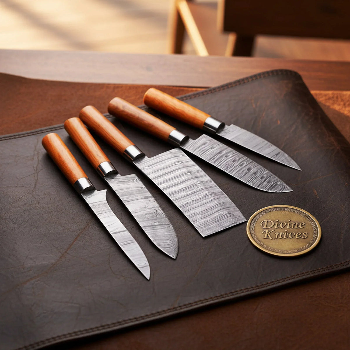 Octagonal Wood Handle Chef Knife Set with Layered Steel Blades and Steel Ferrules by Divine Knives