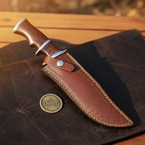 Walnut Handle Clip Point Bowie Knife with Fullered Layered Blade and Tooled Leather Sheath