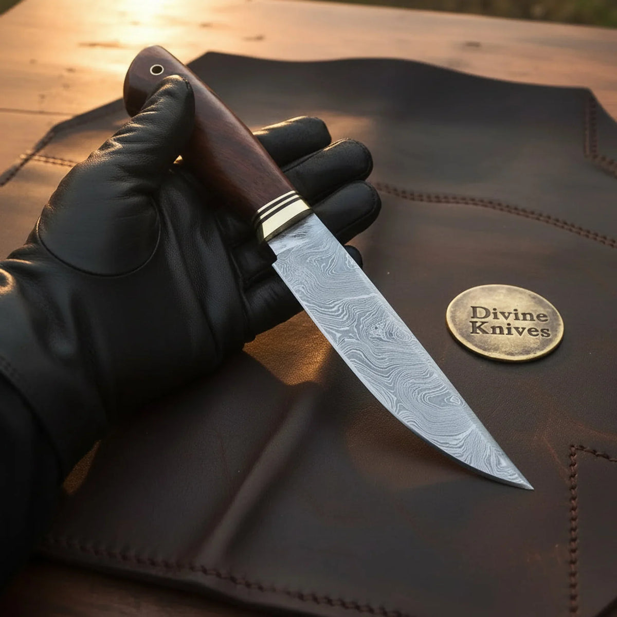 Brass Bolster Carving Chef Knife with Rosewood Handle and Layered Steel Blade detail view 2 by Divine Knives