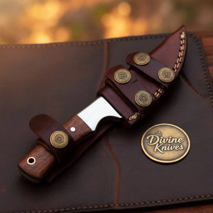 Walnut Drop Point Bushcraft Knife with Wood Handle and Jimping