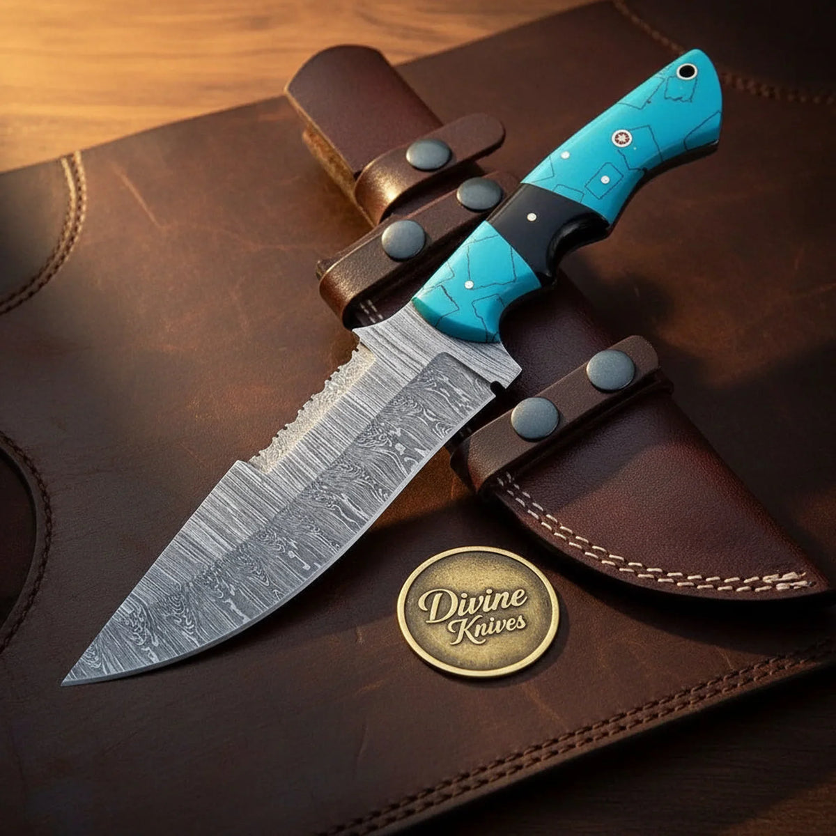 Turquoise Survival Tracker Knife with Damascus Drop-Point Blade