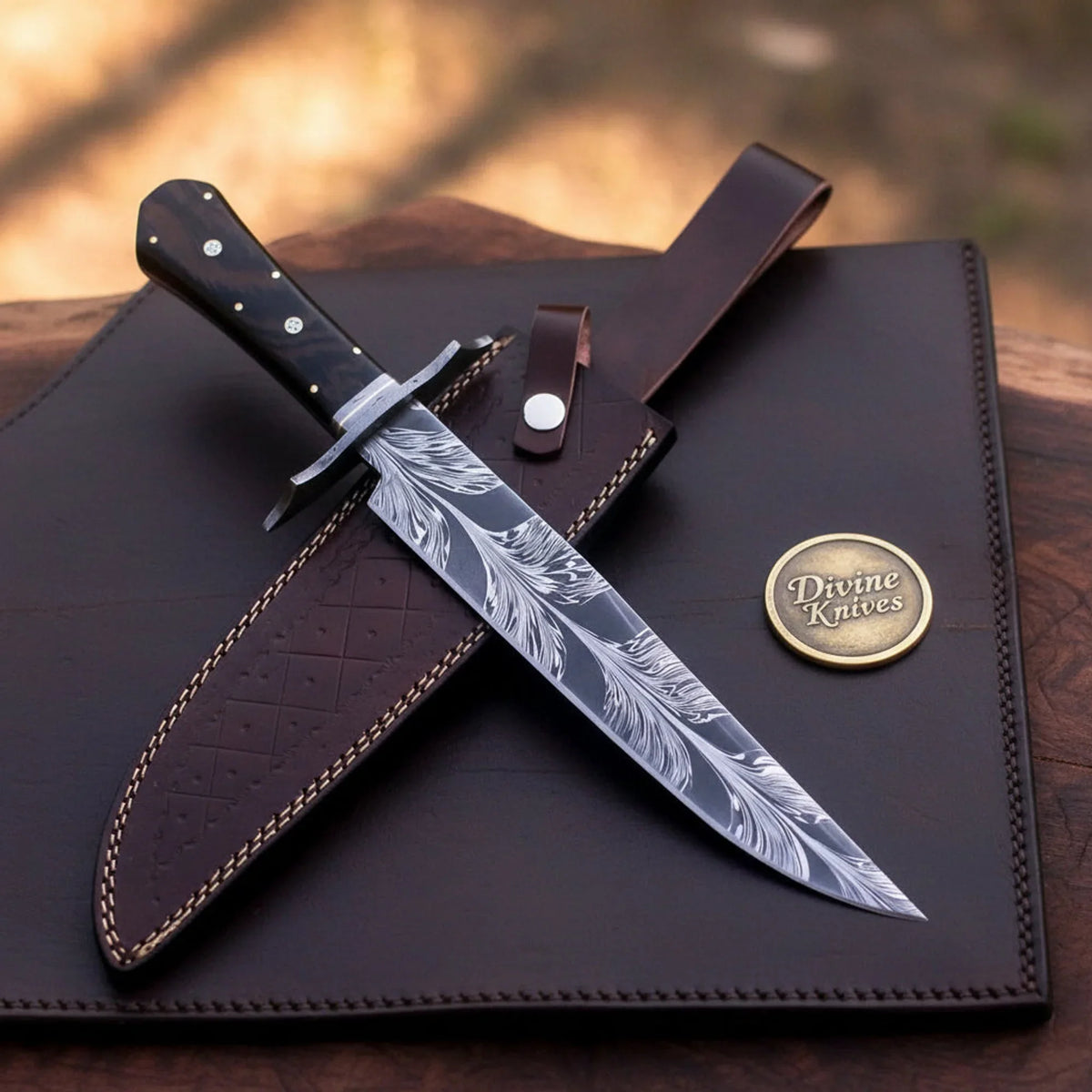 Coffin Handle Damascus Feather Bowie – Feather Pattern Blade with Dark Wood Handle by Divine Knives