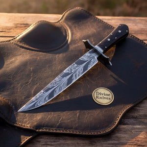 Coffin Handle Damascus Feather Bowie – Feather Pattern Blade with Dark Wood Handle detail view 2 by Divine Knives