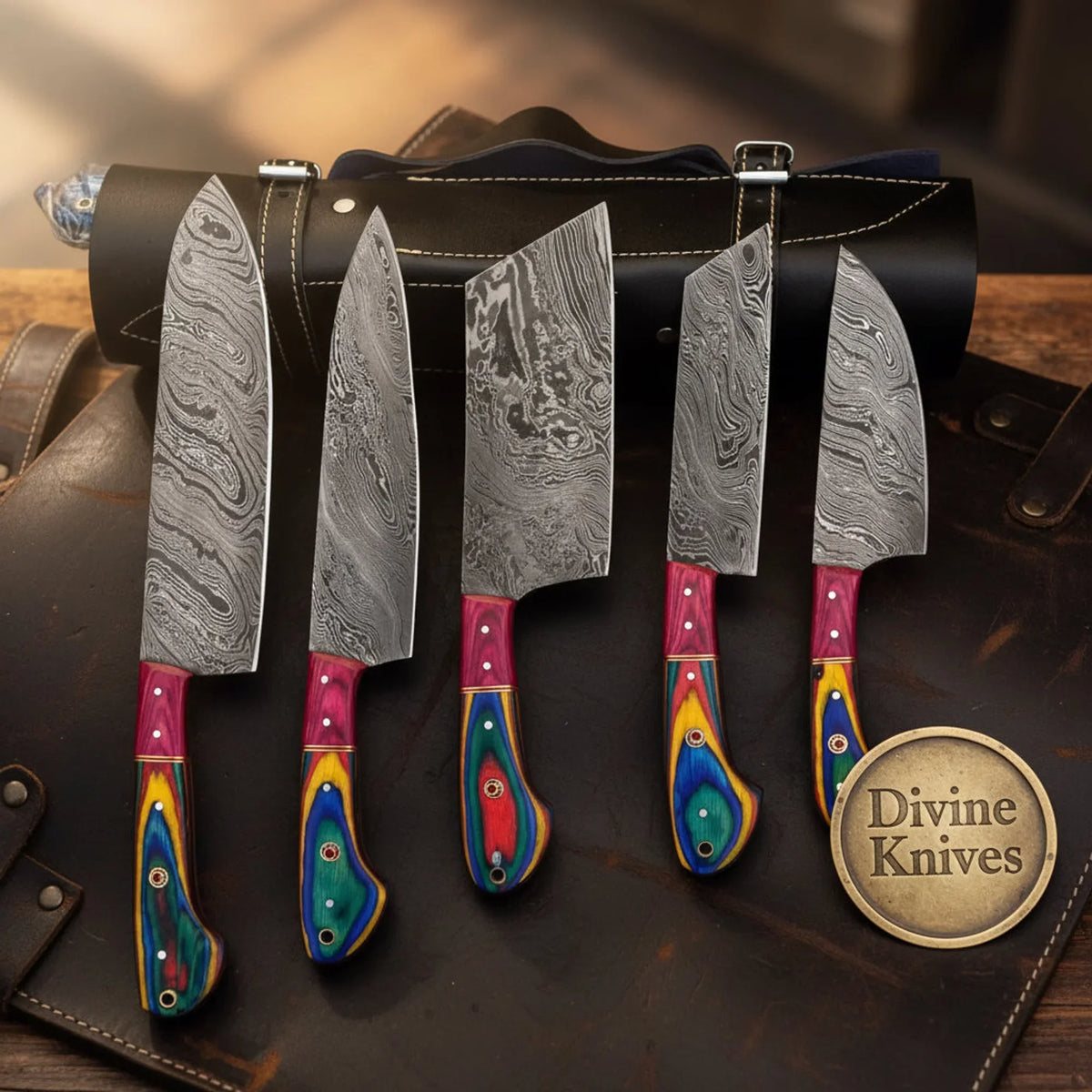 Prismwood Rainbow Pakkawood Damascus Chef Knife Set by Divine Knives