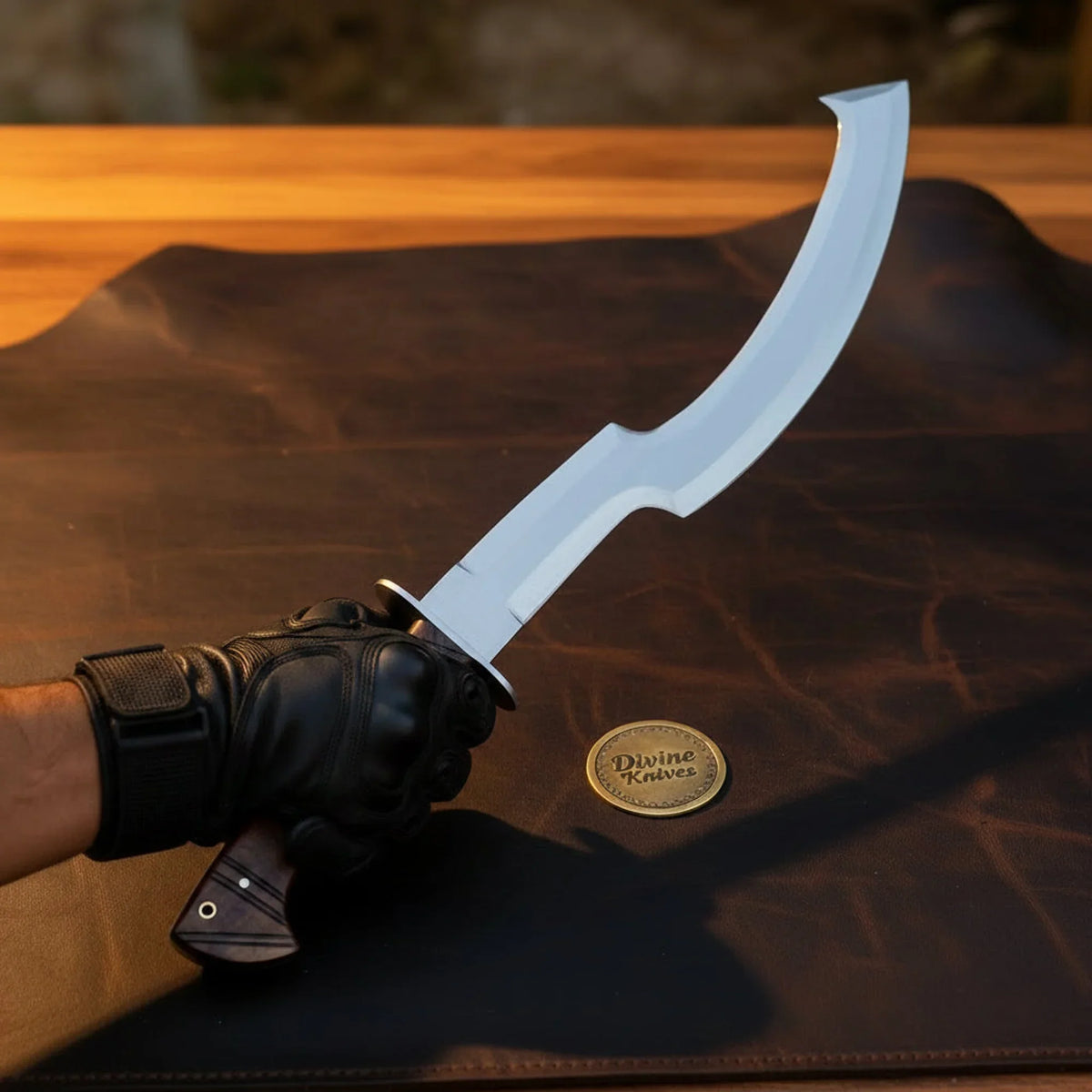 Polished Egyptian Khopesh Sword with Wood Handle and Leather Sheath detail view 2 by Divine Knives