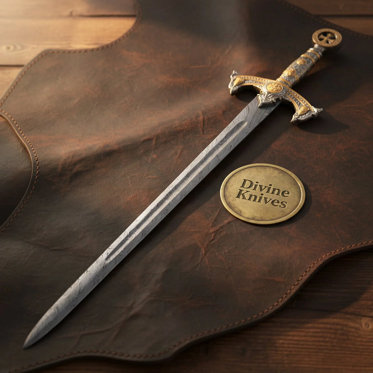 Goldhilt Damascus Gold Cross Medieval Sword with Fullered Blade