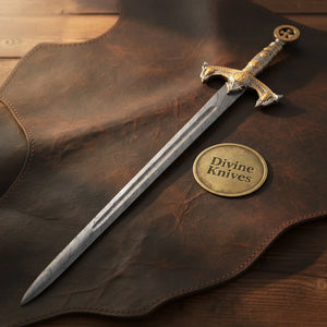 Goldhilt Damascus Gold Cross Medieval Sword with Fullered Blade