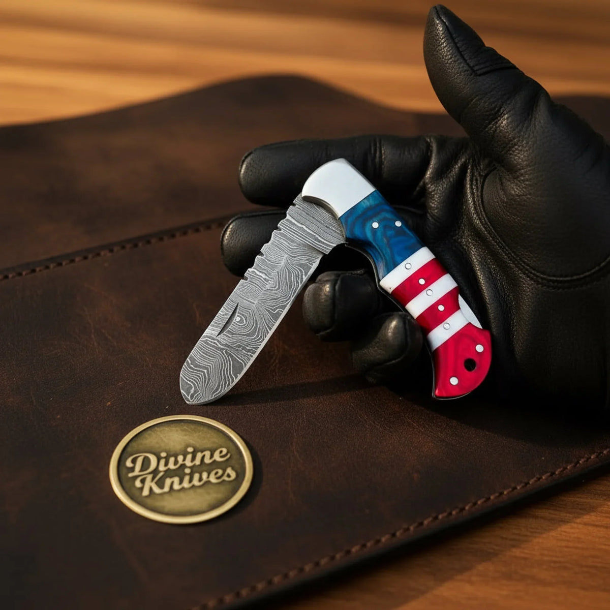 Damascus American Lock Back Folder with Red White Blue Handle by Divine Knives