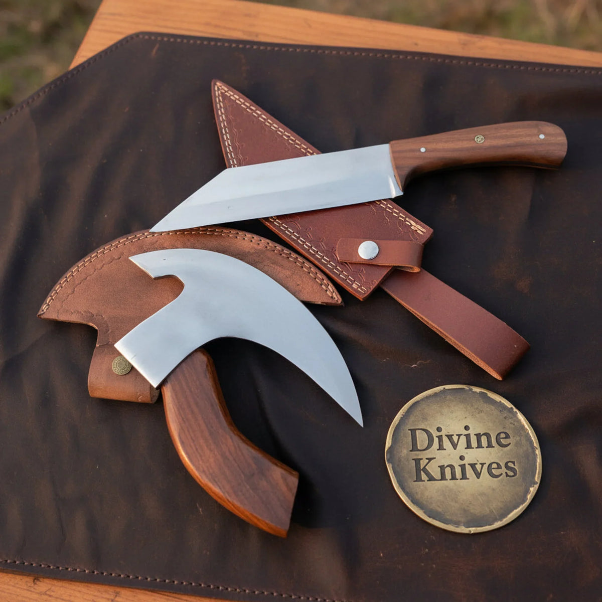 Pizza Hatchet & Santoku Knife Set with Matching Hardwood Handles by Divine Knives