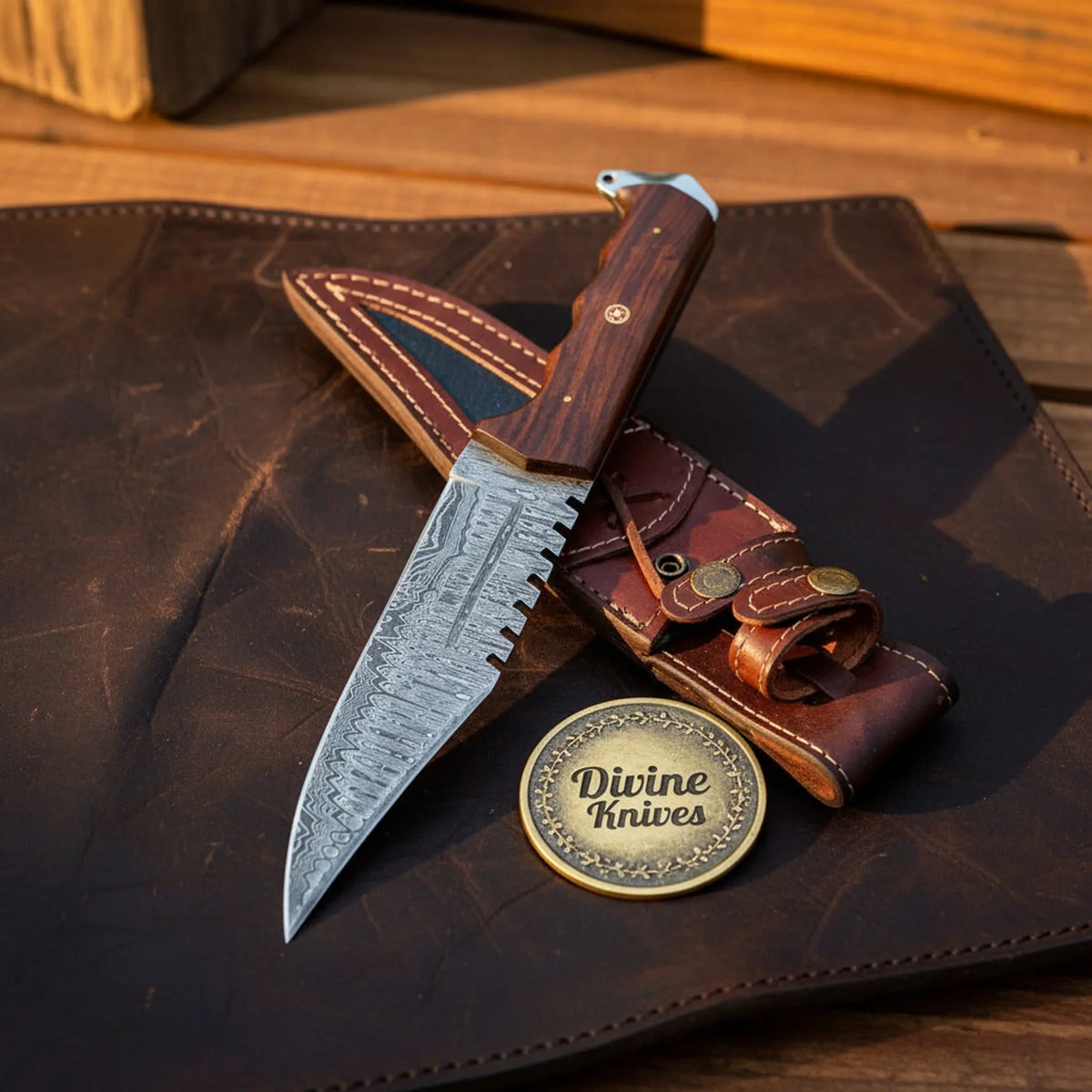 Rosewood Damascus Sawback Bowie with Notched Spine and Wood Handle