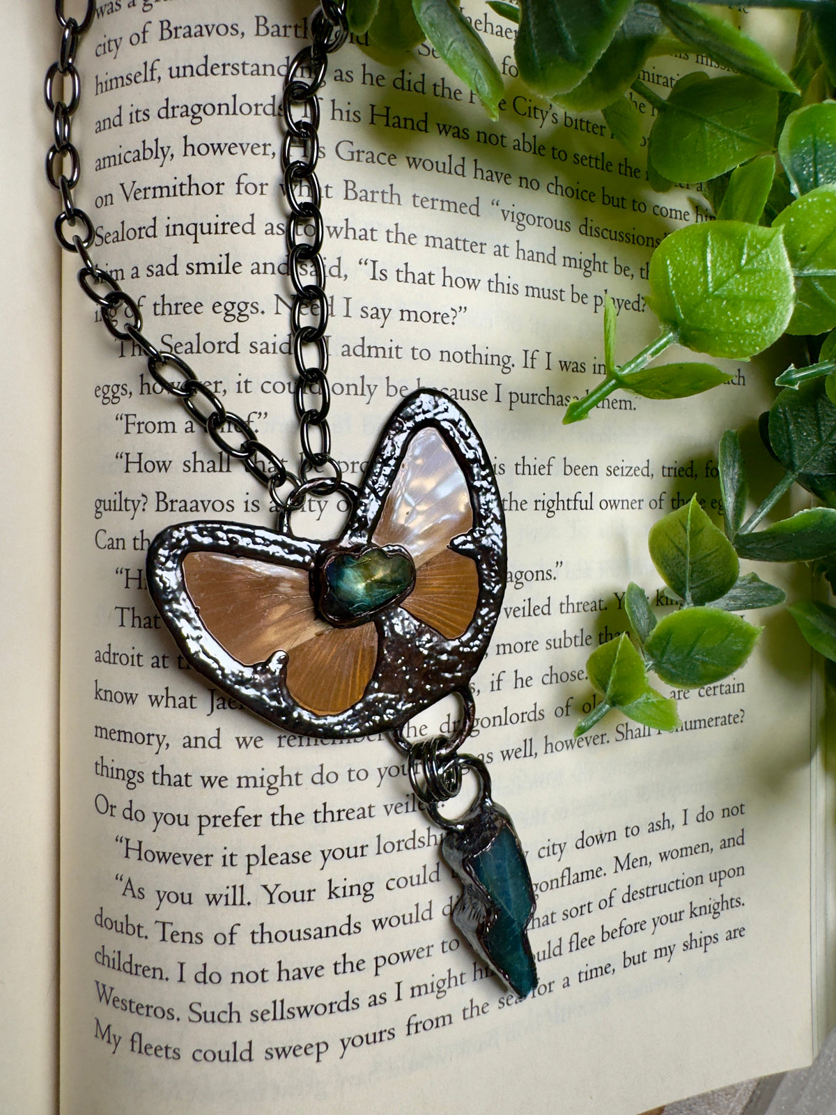 Butterfly and and Labradorite Necklace detail view by Copper Ashes