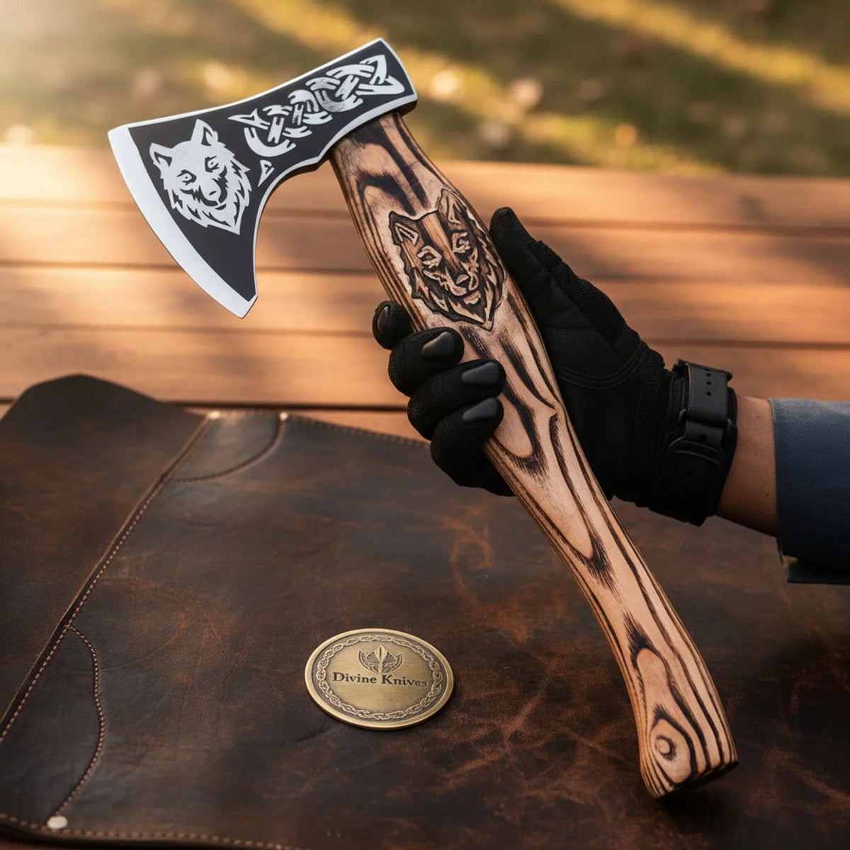 Wolf Head Etched Viking Hatchet with Detailed Head and Handle