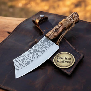 Viking Vegvisir Cleaver with Wood Handle and Cord Wrap