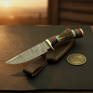 Stacked Antler Damascus Drop Point Knife with Colored Spacers and Brass Fittings