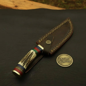 Stacked Antler Damascus Drop Point Knife with Colored Spacers and Brass Fittings