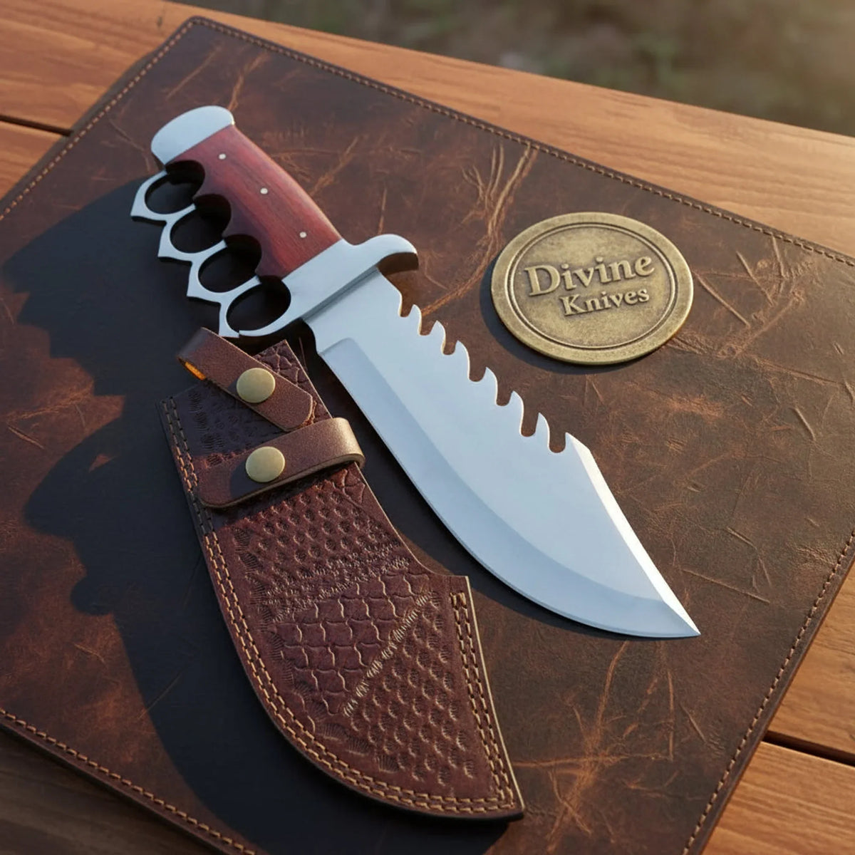 Rosewood Knuckle Bowie Knife with Integrated Guard and Sawback Spine