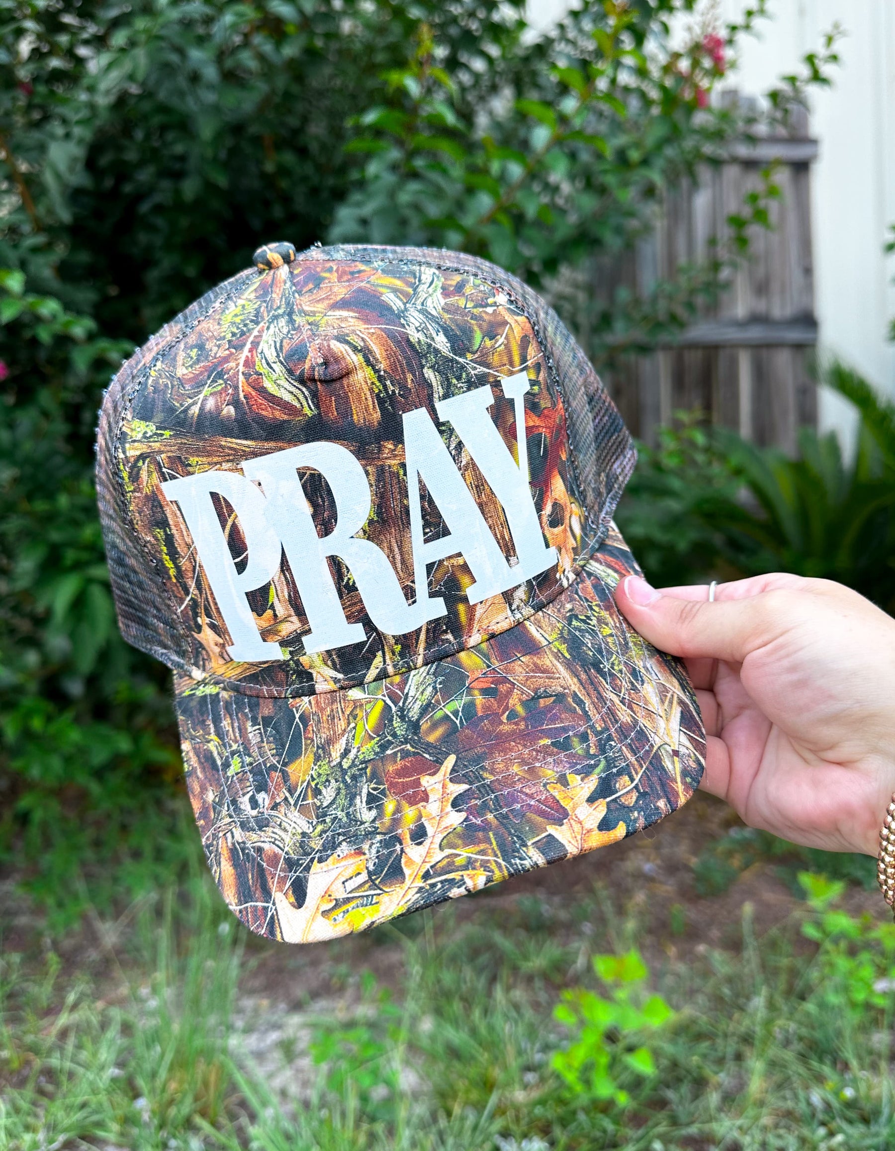 PRAY (white font) Real Camo Canvas Trucker Hat