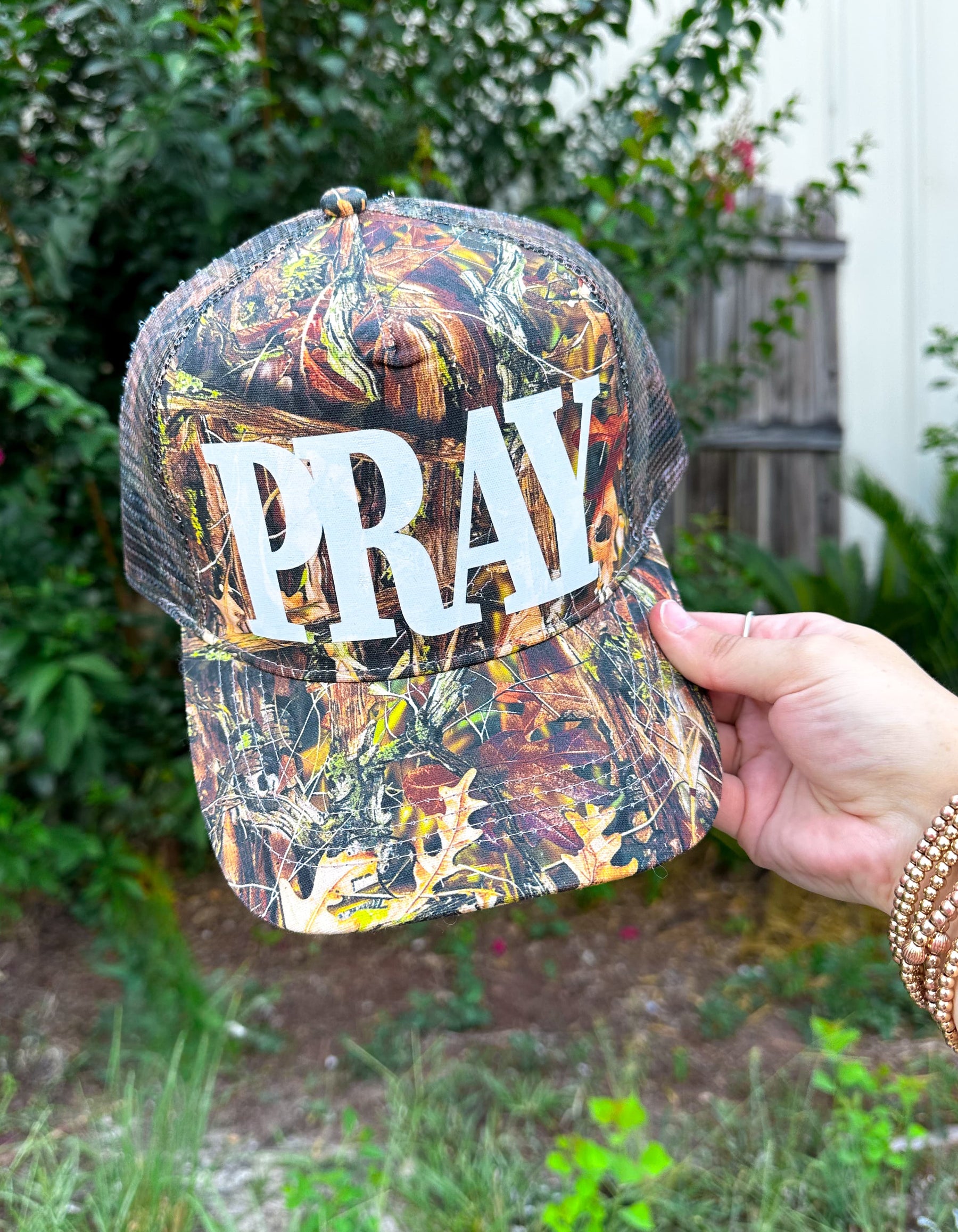 PRAY (white font) Real Camo Canvas Trucker Hat