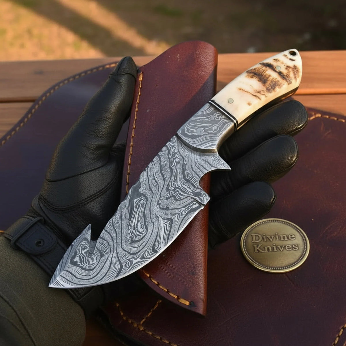 Wildbark Antler Damascus Gut Hook Skinner with Natural Bark Scales