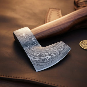 Damascus Steel Viking Bearded Hatchet with Wood Handle and Leather Sheath