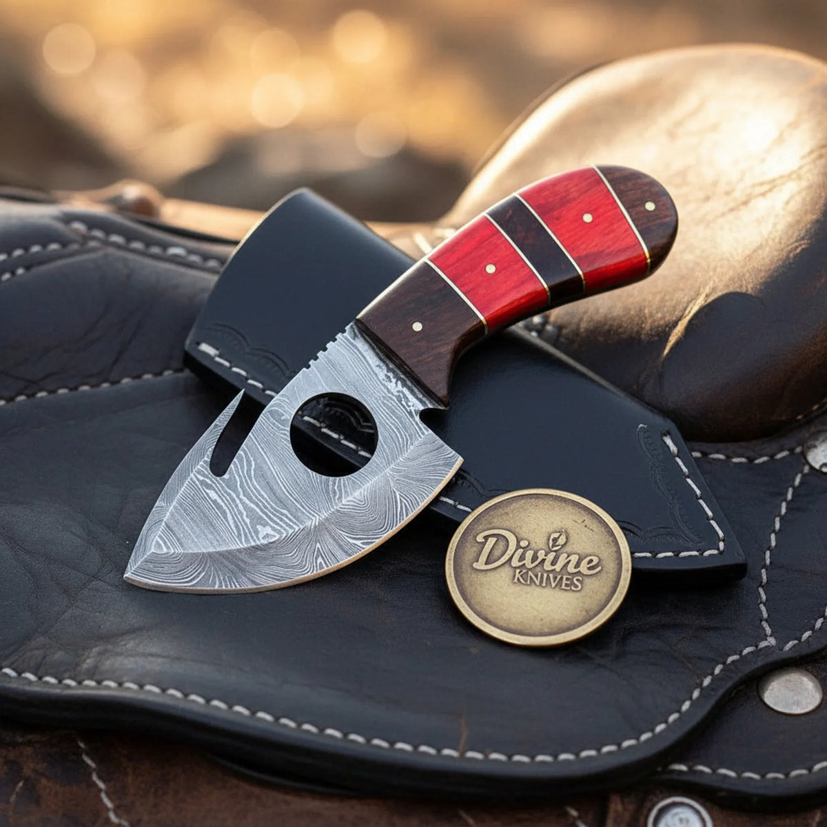 Red & Brown Cutout Gut Hook Skinner with Two-Tone Handle by Divine Knives