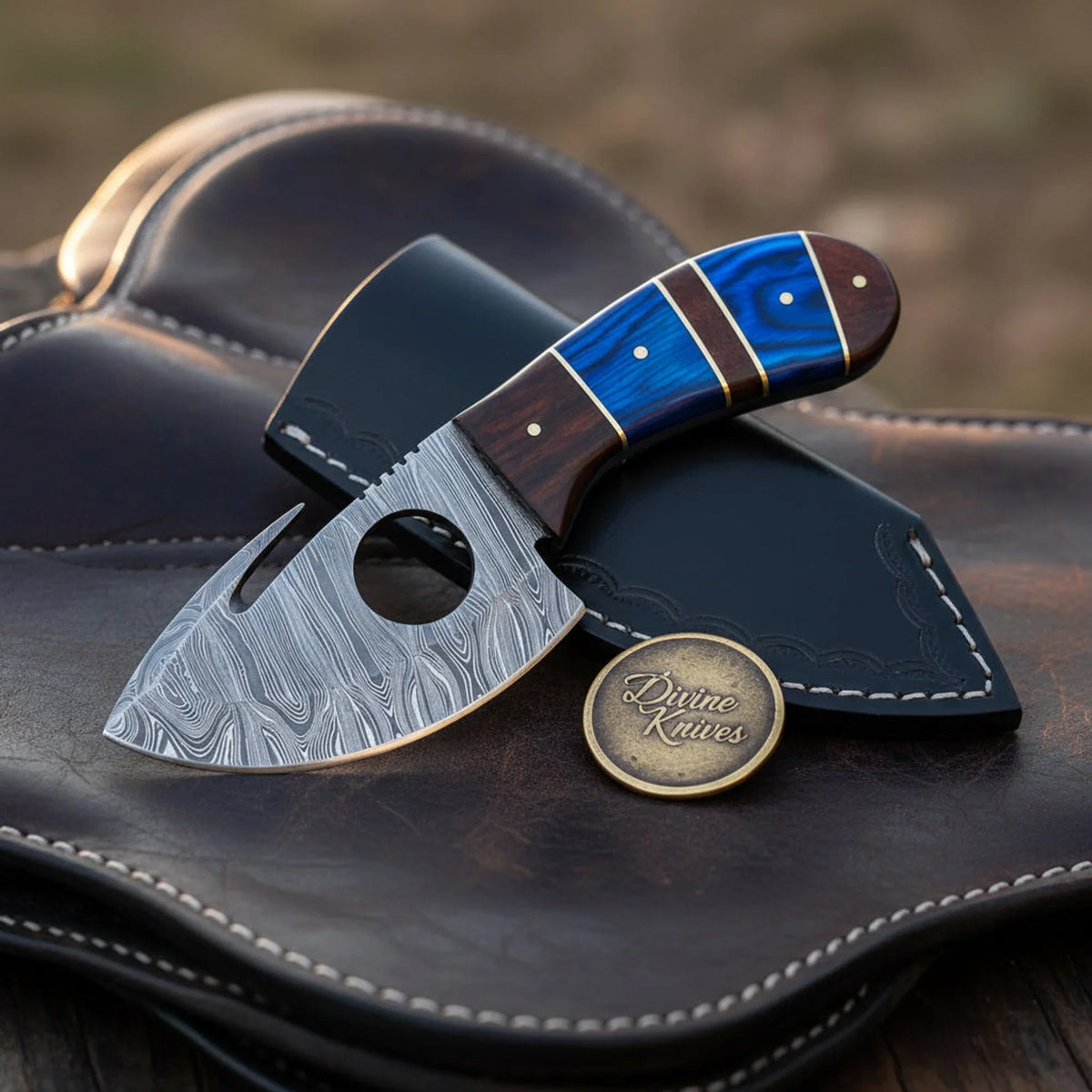 Blue Pakkawood Cutout Gut Hook Skinner with Two-Tone Handle